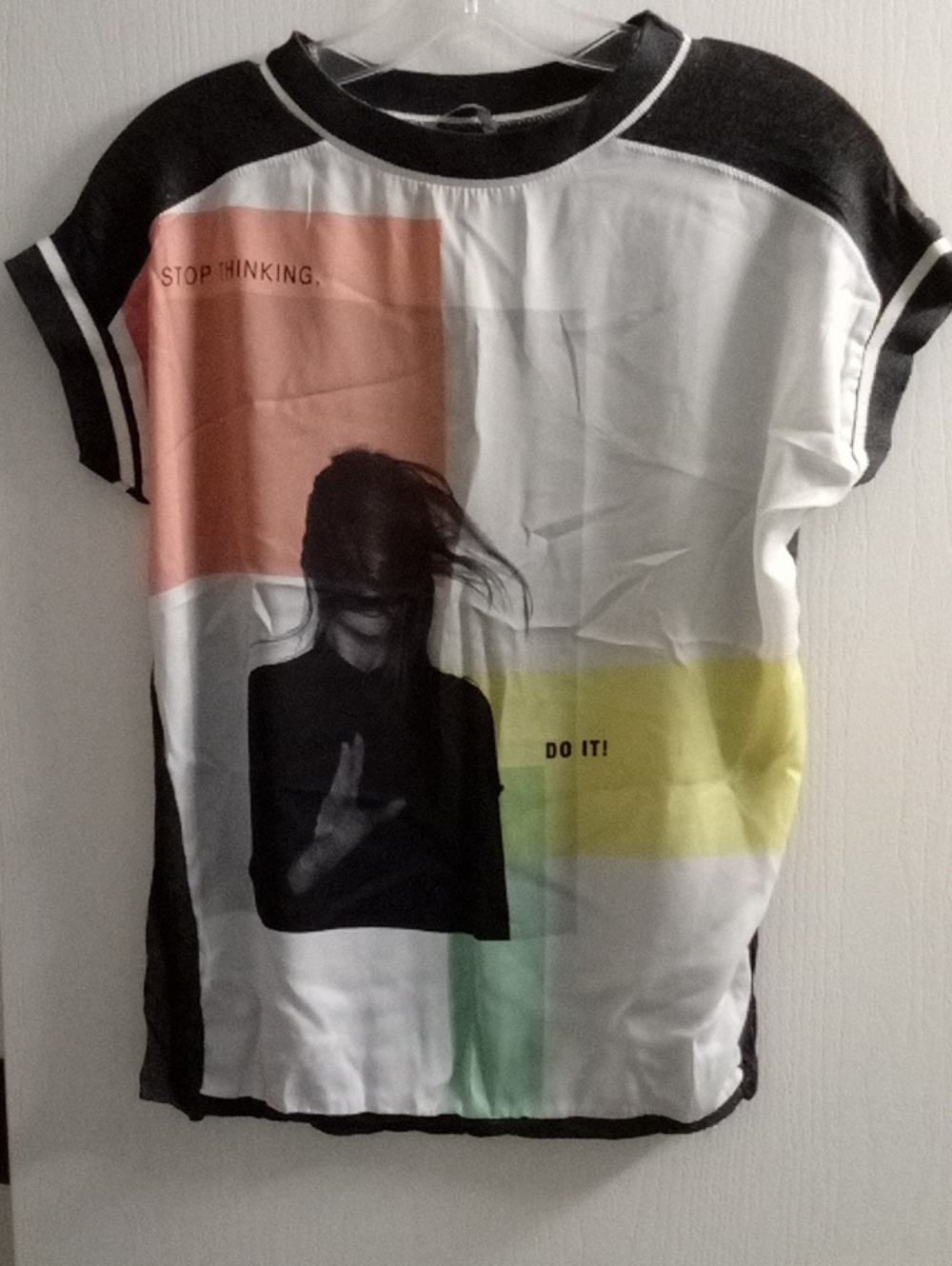 Zara White Top with Black, Peach & Yellow Graphic Panels